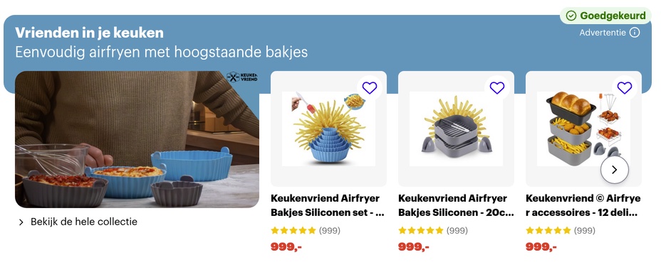 Branded Shelf van Keukenvriend voor airfryer bakjes op Bol.com, met de kop &lsquo;Vrienden in je keuken&rsquo;