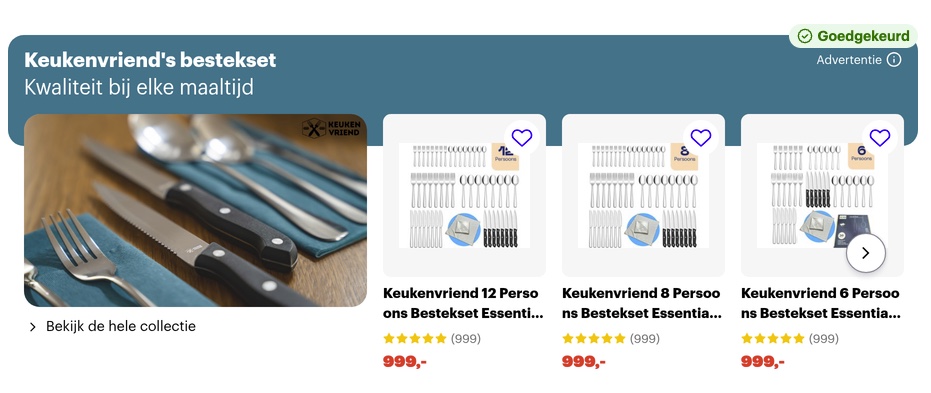Branded Shelf van Keukenvriend voor besteksets op Bol.com, met de kop &lsquo;Keukenvriend&rsquo;s bestekset &mdash; kwaliteit bij elke maaltijd&rsquo;