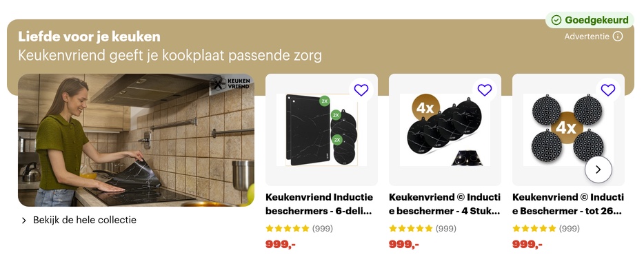 Branded Shelf van Keukenvriend voor inductiebeschermers op Bol.com, met de kop &lsquo;Liefde voor je keuken&rsquo;
