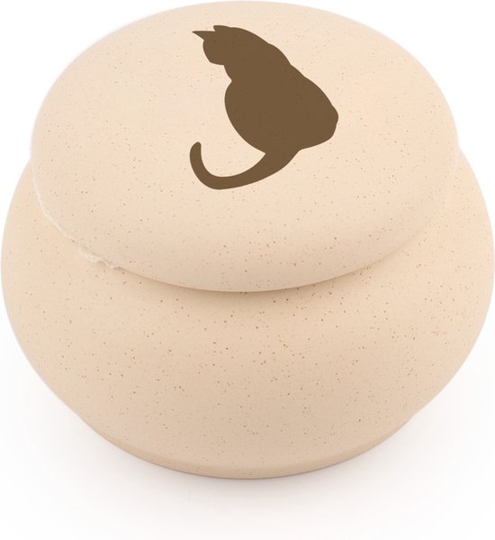 Beige keramieken dieren-urn met het silhouet van een kat